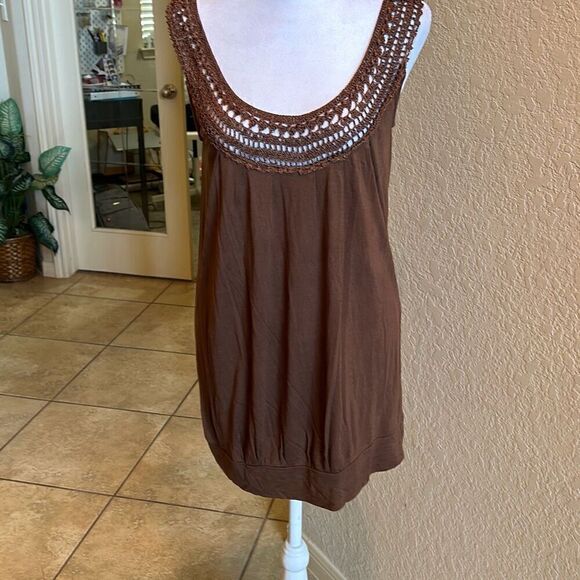 Chaudry KC Women's S Crochette Neck Sleeveless Mini Dress Brown Boho Hippie New - Picture 1 of 10